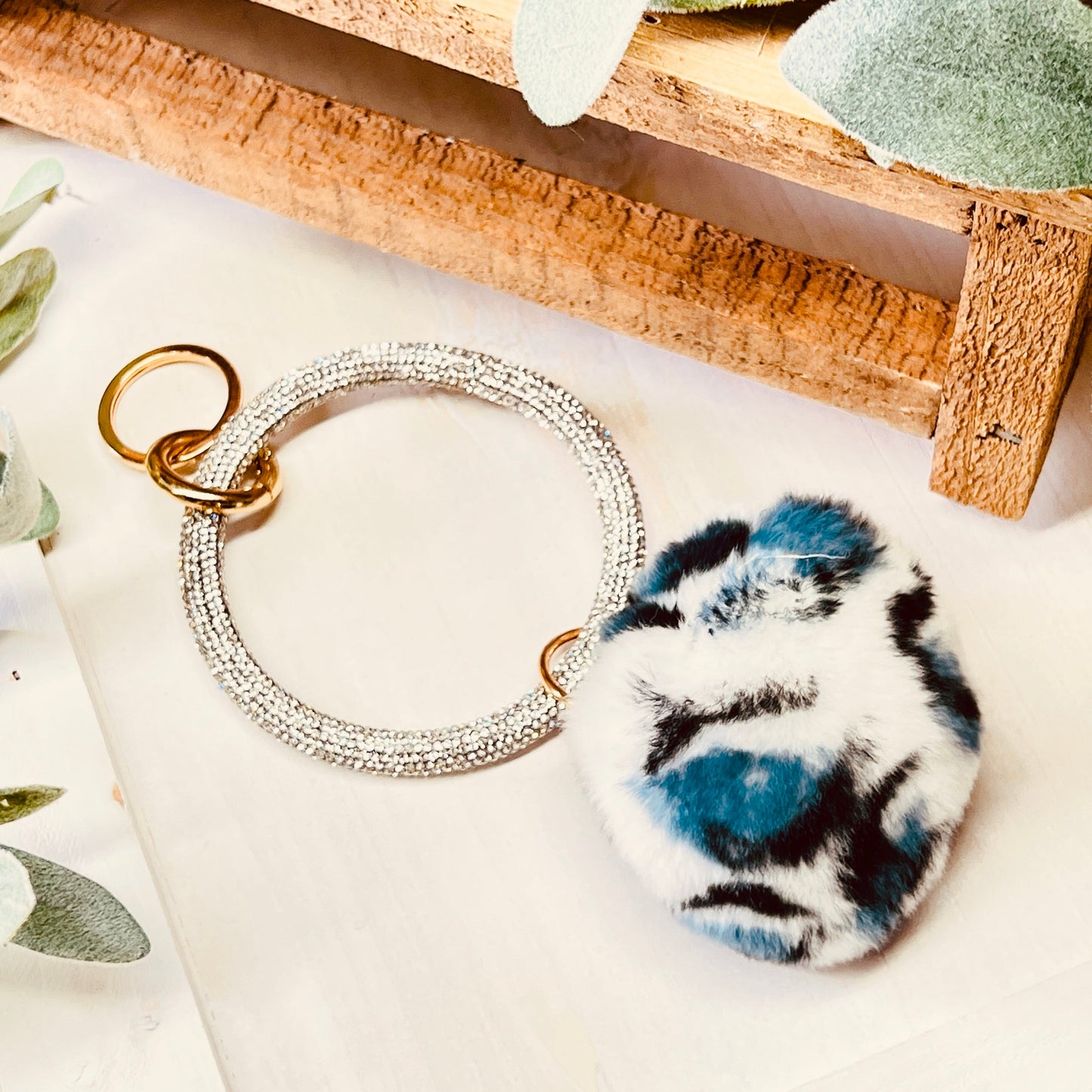 RHINESTONE HOOP & FLUFFY BALL KEYCHAIN