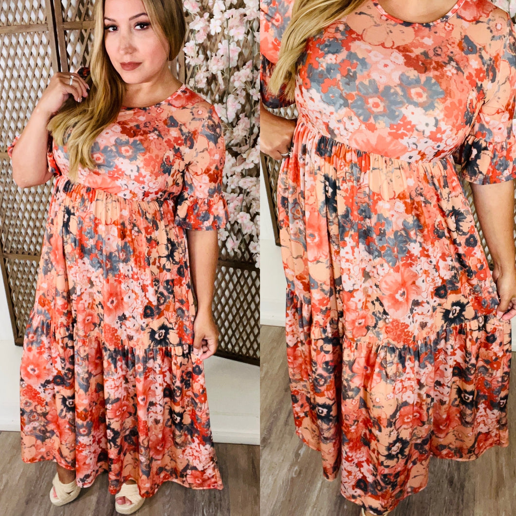 Rust/Navy Floral Tiered Dress