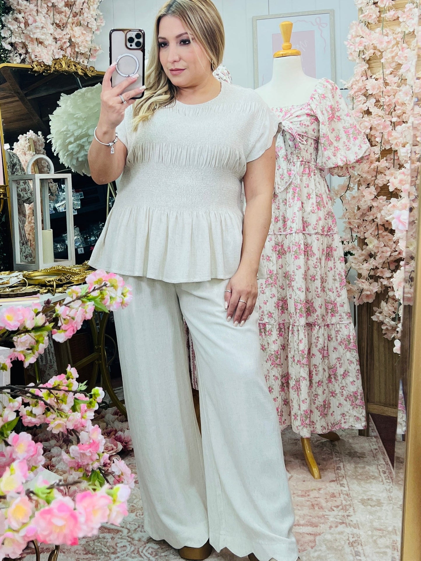 LINEN BLEND PEPLUM TOP/LINEN SCALLOP HEM WIDE LEG PANTS SET* OATMEAL