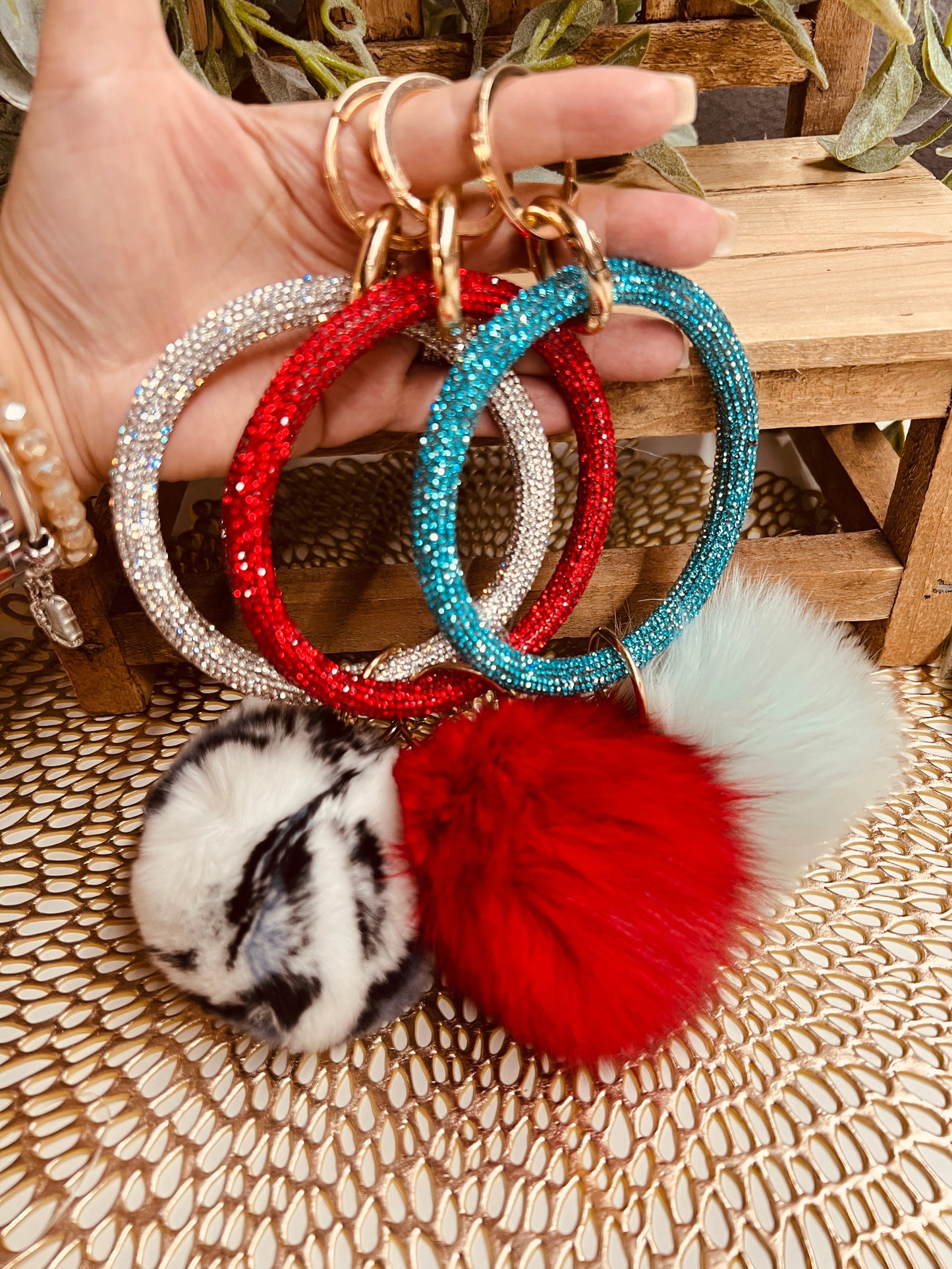 RHINESTONE HOOP & FLUFFY BALL KEYCHAIN