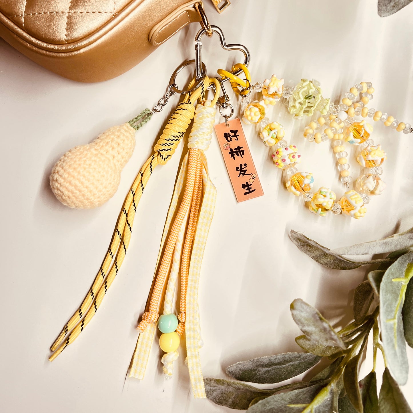 HANDMADE BAG CHARMS ~ YELLOW  CROCHET PEAR