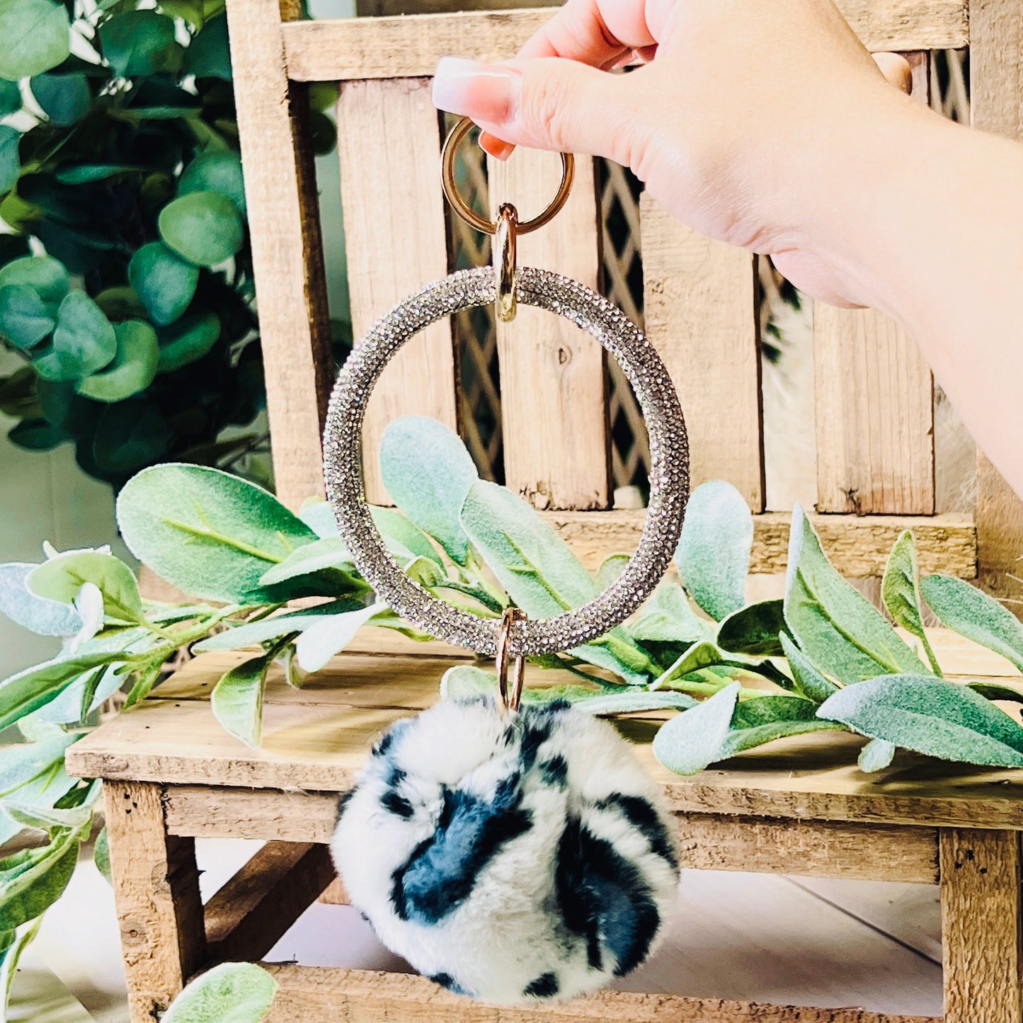 RHINESTONE HOOP & FLUFFY BALL KEYCHAIN