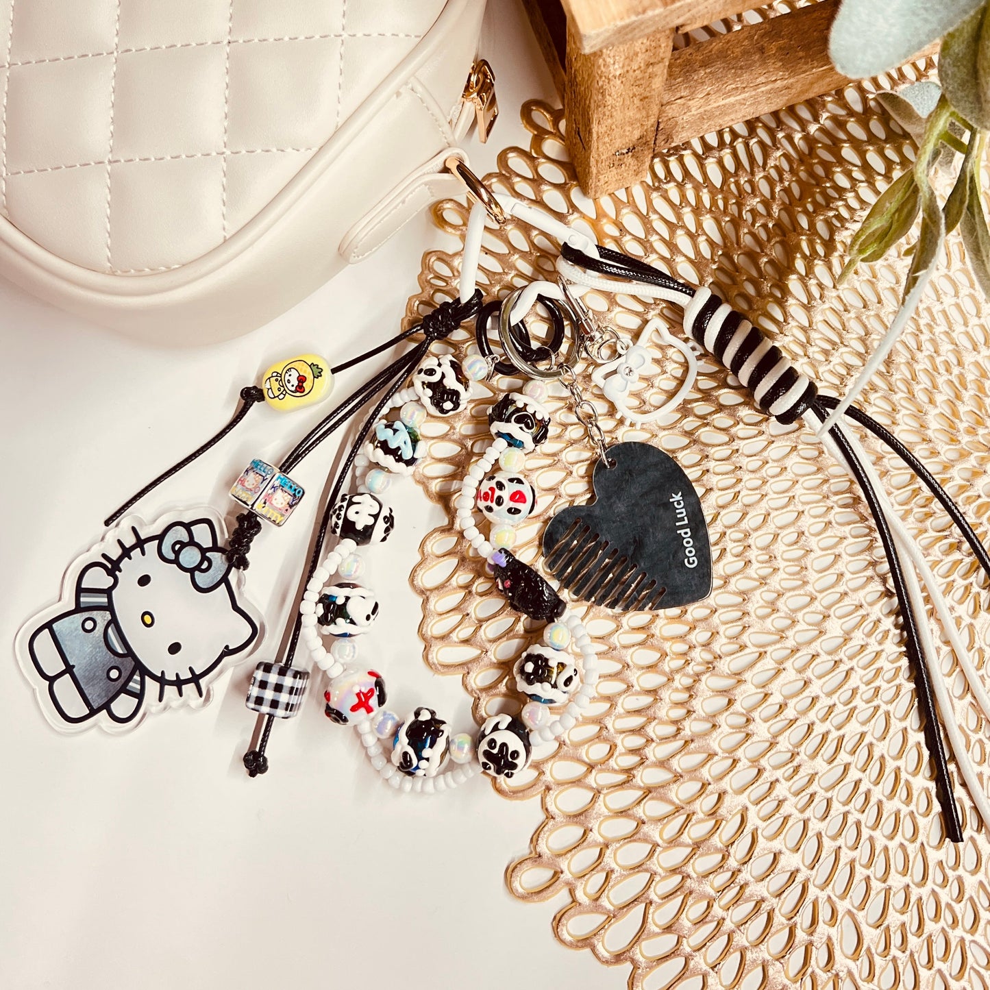 HANDMADE BAG CHARMS ~ KITTY/ HAND PAINTED BEADS ~