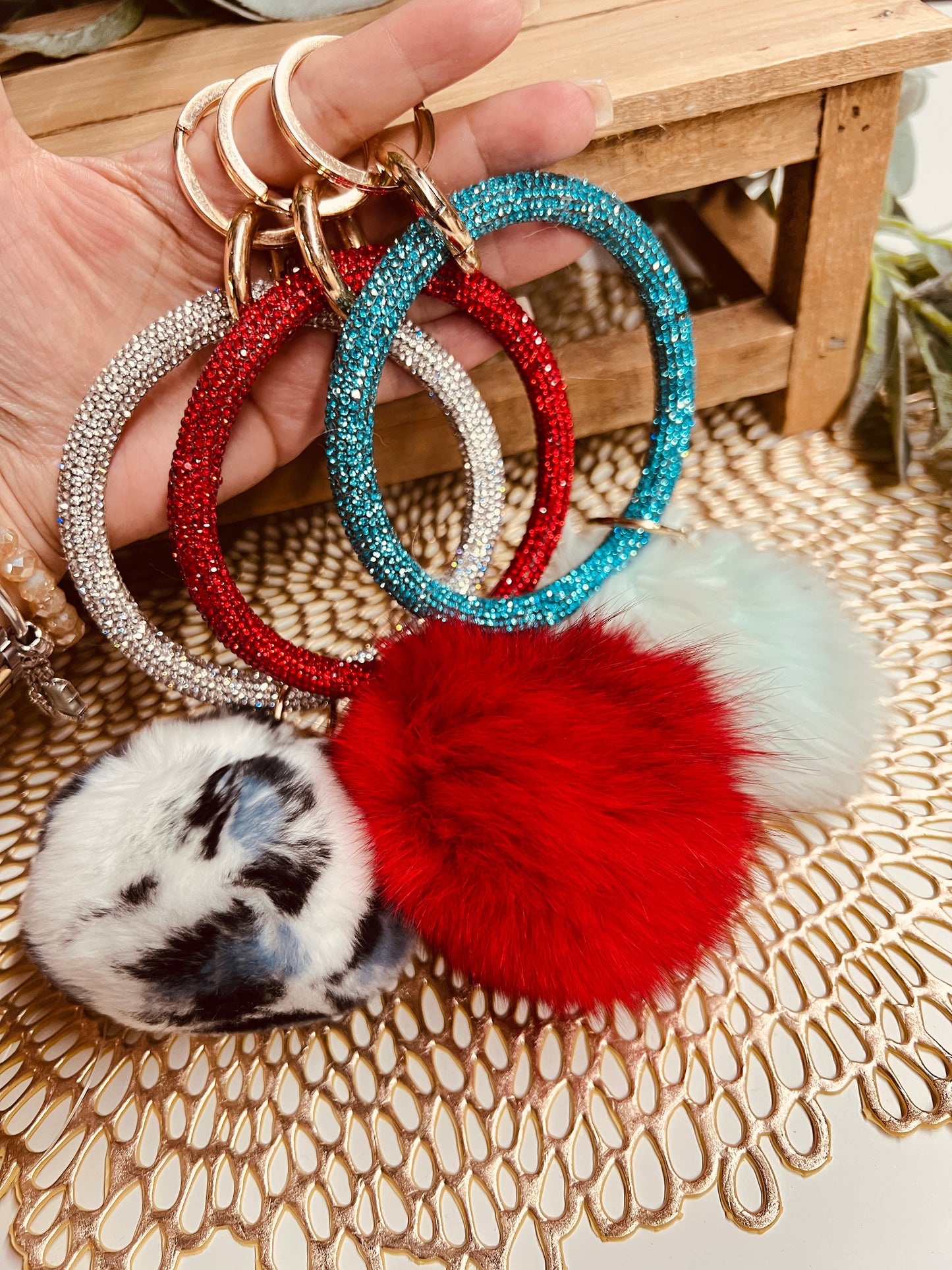RHINESTONE HOOP & FLUFFY BALL KEYCHAIN