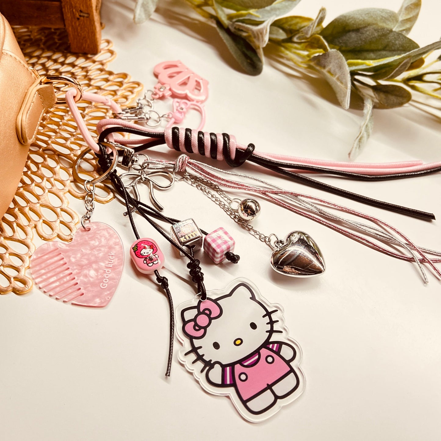 HANDMADE BAG CHARMS ~ CAT/PINK COMB