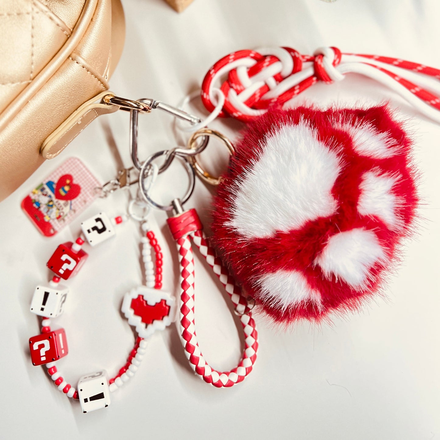 HANDMADE BAG CHARMS ~ RED/WHITE PAW ~