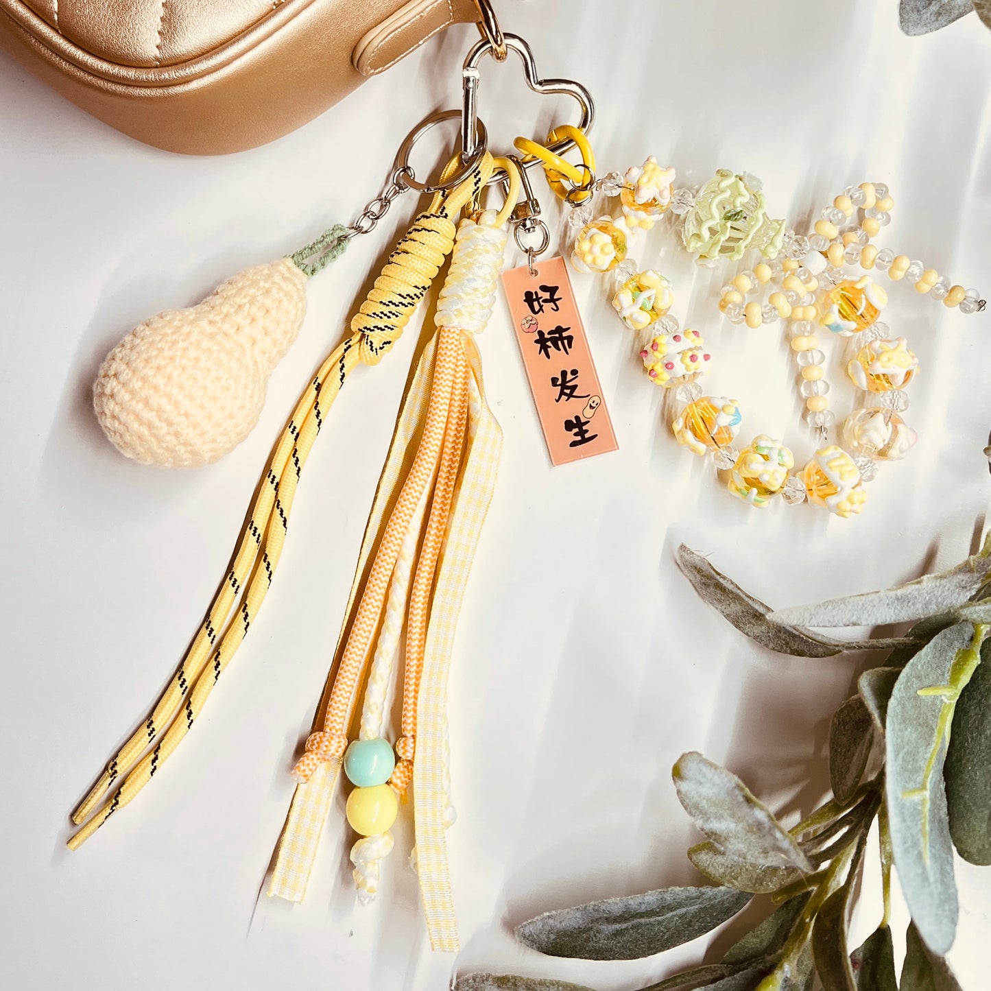 HANDMADE BAG CHARMS ~ YELLOW  CROCHET PEAR